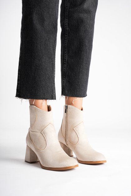 Women's Beige Suede Zippered 7 cm Thick Heeled Winter Boots with Western Detail