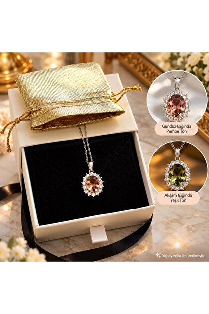 Zultanite Necklace Color-Changing Oval Sultanite with Steel Chain Elegant Design Boxed Pouch