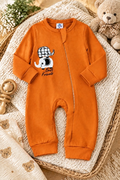 Unisex Baby Romper Long Sleeve Zippered Cotton Elephant Printed