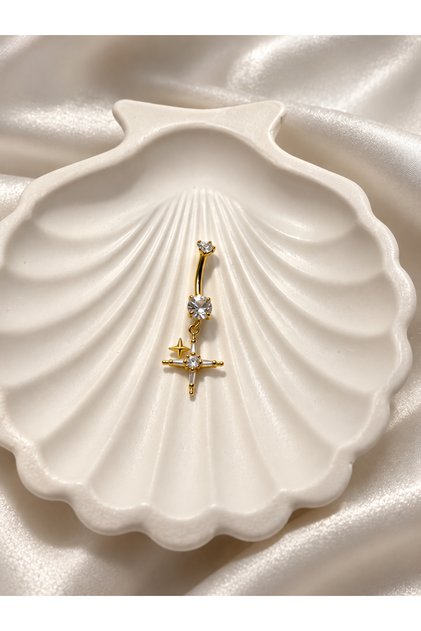 Zirkon Taşlı Yıldızlı Çelik Göbek Piercing