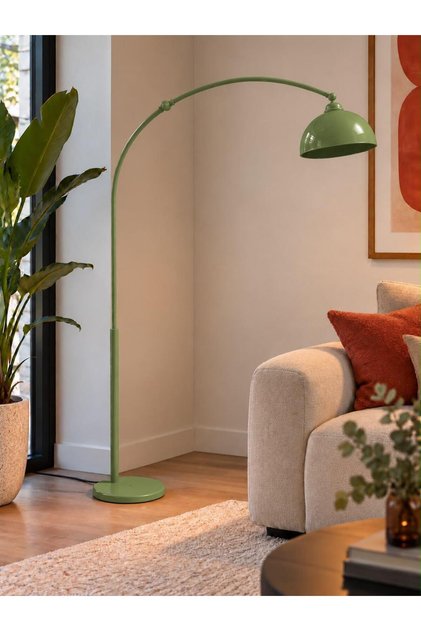 VELORA Yeşil Metal Premium Tasarım Ark Kemerli Deve Boyu Lambader Hareketli Başlıklı Ayaklı Lambader E27 Duy Uyumlu Modern Dekoratif Zemin Lambası Salon Oturma Odası Köşe Okuma Lambası