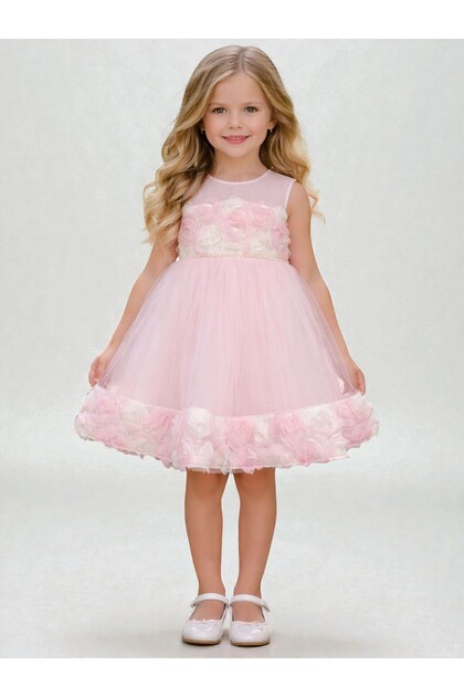Flowered Evening Dress for Ages 1-3 - Pink / Cotton Lined, Tulle, Floral Detail, Princess Model