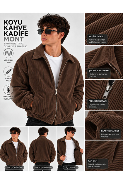 Erkek Fitilli Kadife Fermuarlı Çıt Çıtlı Mont Oversize Kesim, Astarlı