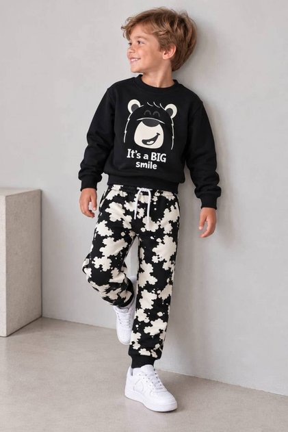 Boy's Teddy Bear Printed Sweatshirt Patterned Jogger Pants Top and Bottom Set