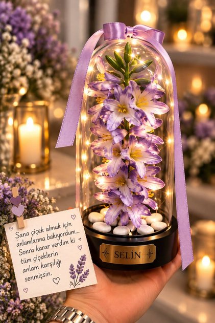 Dekoratif Led Işıklı Sümbül Fanusu Sevigliye Özel Hediyelik Gece Lambası Fanus Romantik