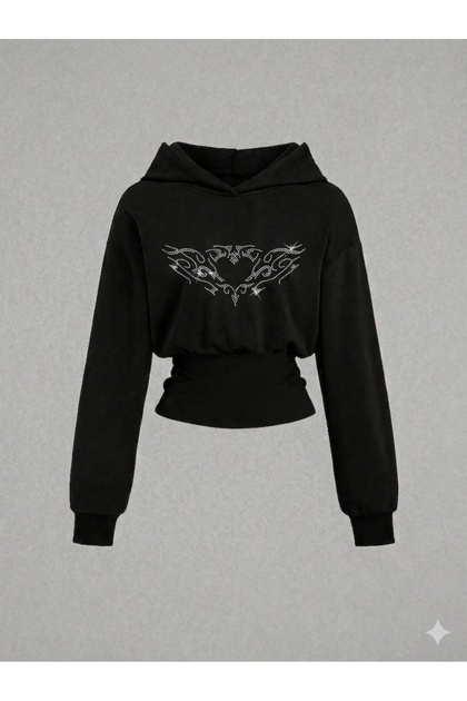 Women's Oversize Crystal Stone Printed Short Hooded Crop Sweatshirt