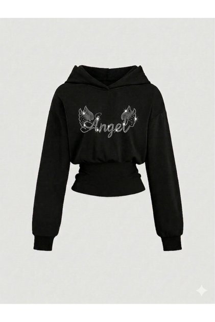 Women's Oversize Crystal Stone Printed Short Hooded Crop Sweatshirt