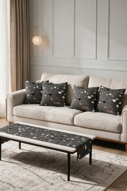 Black Terrazzo Mosaic Stone Double-Sided Printed Suede 5-Piece Living Room Set - 4 Cushion Covers 43X43 cm + Runner 140X40 cm