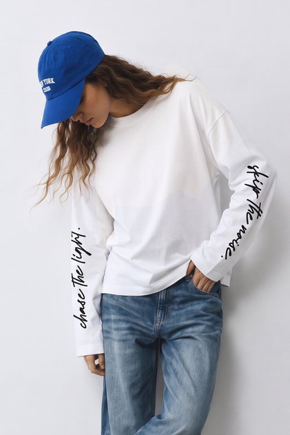 Eazy Unisex Oversize Long Sleeve T-Shirt 100% Cotton Ecru Skip the Noise Printed Boxy Fit T-Shirt