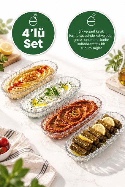 4 lü Cam Kayık Sunum Tabağı Şeffaf Servis Tabağı Kahvaltılık Meze Çerez Tabak Oval Şık