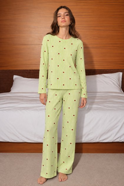 Women's Crew Neck Home Style Green Pajama Set
