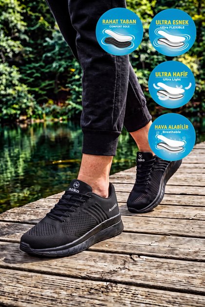 Black-Black Mesh Anorak Airy Lace-Up Comfortable Sole Men's Walking and Sports Shoes Wesley m