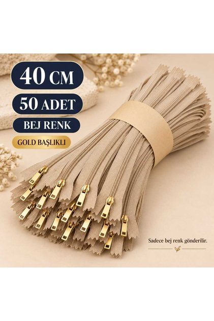 40 Cm Gold Başlıklı Fermuar 50 Adet – Çanta ve Hobi İçin Hazır Fermuar