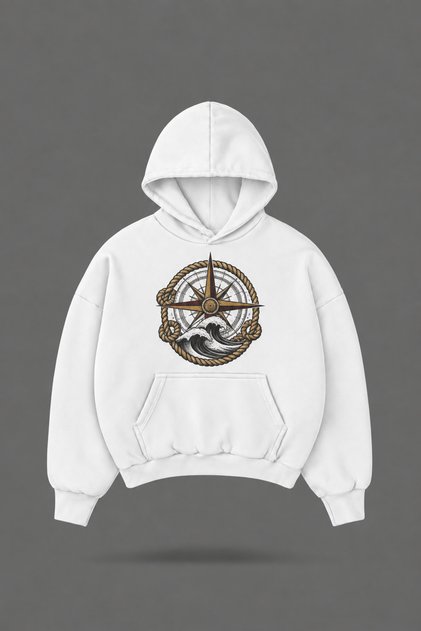 Oversize Vintage Compass Front and Back Printed Hooded White Sweatshirt