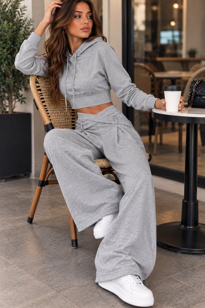 Fashionable Women's Gray Melange Cross Belt Detailed Wide Leg Hooded Two-Piece Sports Set