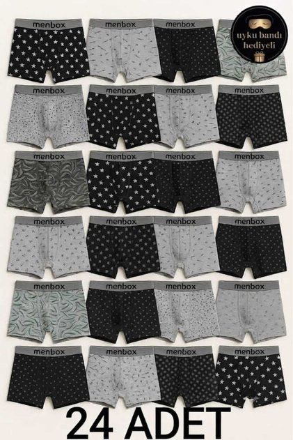24 Pieces of Cotton Lycra Mixed Patterned Men's Boxer Set - Special Production with Sleep Band as a Gift