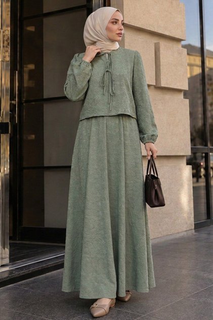 Bow Collar Floral Textured Green Hijab Two-Piece Suit with Skirt 1384Cy