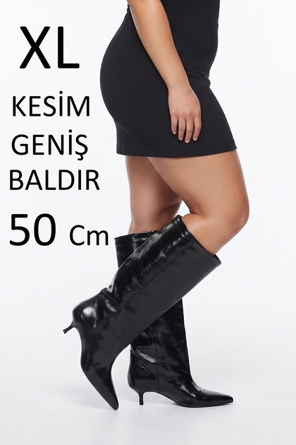 Kadın Siyah XL Kesim Rugan Parlak 4 Cm İnce Topuk Kısa Alçak İnce Topuklu XL Çizme, Sivri Burunlu Geniş Kesim, Geniş Bilek Baldır Günlük Çok Rahat Sivri Burun Çizme Siyah
