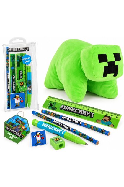 Set cadou, Pluș Creeper 2-în-1 transformabil în pernă + Set de papetărie, Penar, Pix, Creioane, Riglă, Radieră, Ascuțitoare, Verde