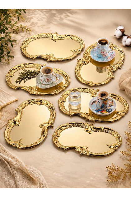 6-Piece Artnova - Silen Model Gold Color Stainless Steel 20X31 cm Coffee - Presentation - Decorative Tray
