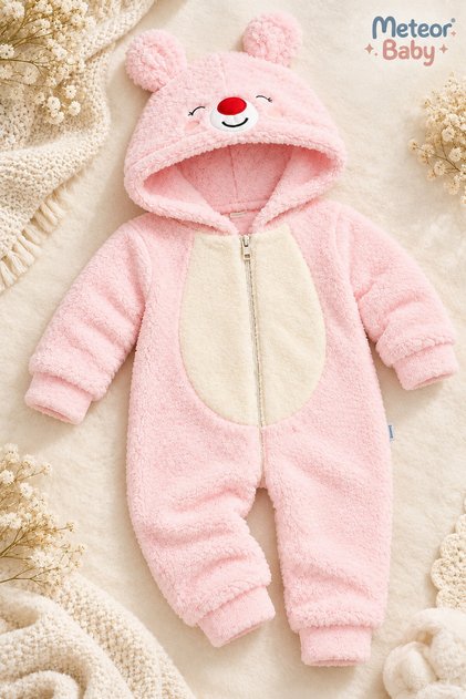 Baby Girl Jumpsuit Teddy Bear Hooded Plush Zippered Welsoft One-Piece Jumpsuit