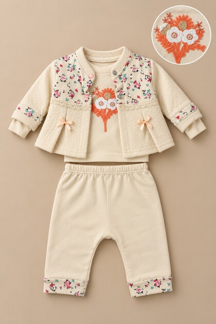 Baby Girl Set with Floral Lace Detail, 3-Piece Top and Bottom Set, Seasonal