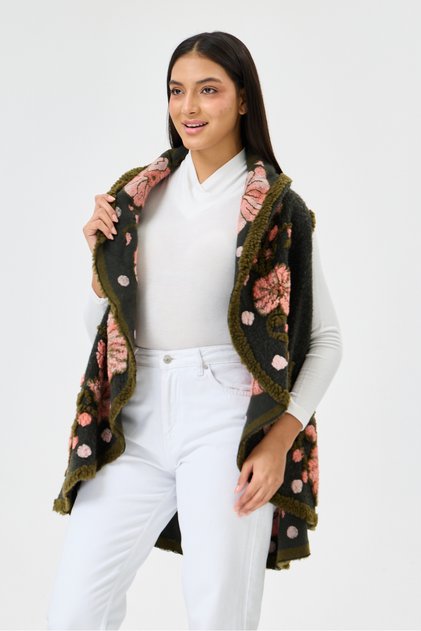 Women's Khaki Italian Floral Embossed Wool Felt Vest 40 - 48 Size