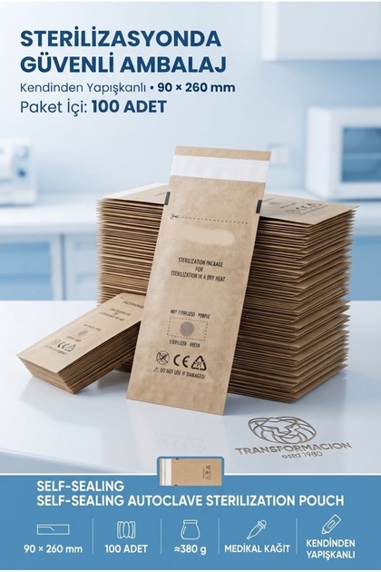 Kuru Hava Sterilizasyon Poşeti Kraft Kağıt 90x260 mm 100 Adet EN 868 ISO 13485 CE Belgeli Otoklav Kesesi 723722