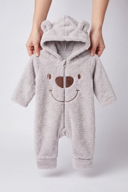 Baby Boy Jumpsuit with Teddy Bear Ears, Hooded Plush Zippered Baby Set