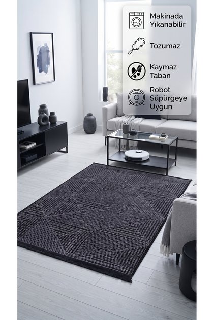 Antrasit Koyu Gri Kaymaz Dokuma Pamuk Tabanlı Kilim Makinede Yıkanabilir Tozumaz Salon Halı ve Yolluk Robota Uygun Siyah Saçaklı