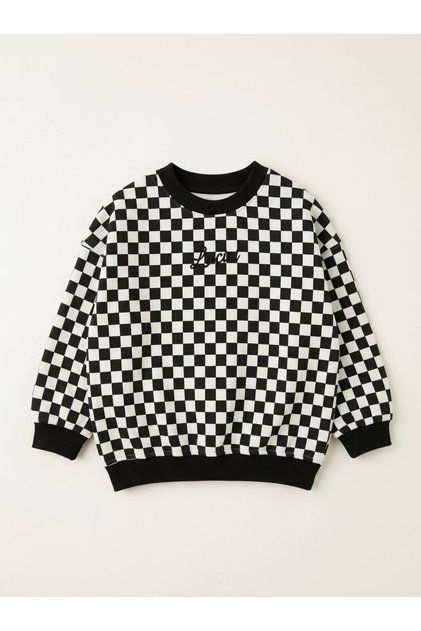 Erkek çocuk pamuklu siyah beyaz damalı Sweatşhirt