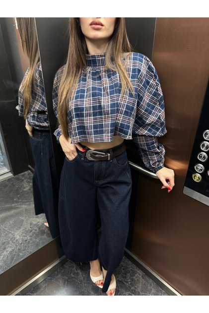 Dik Yaka Ekose Pelerin Bluz