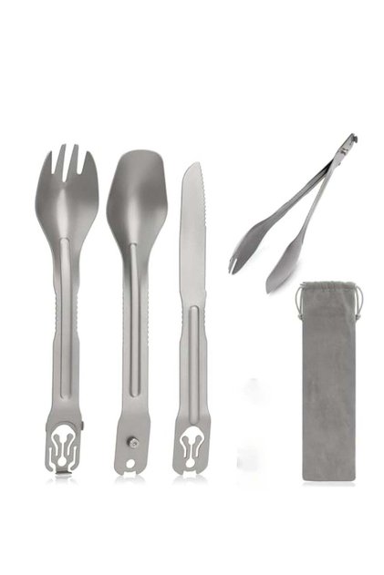 Portable Travel Silverware Set, 5-in-1 Camping Utensils, Detachable Cutlery, Stainless Steel Flatware Multitool Set, Tongs Fork Spoon Knife, Reusable Travel Cutlery Set for Backpacking Hiking Picnics