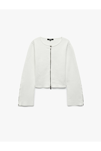 Crew Neck Long Sleeve Zippered Knitwear Boxy Cardigan