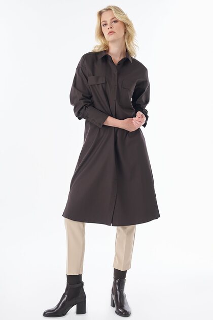 Wide Cuff Lyocell Cotton Tunic Brown