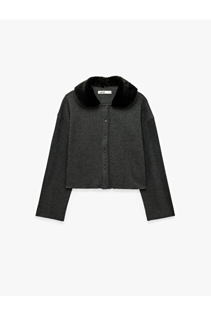 Long Sleeve Buttoned Faux Fur Collar Knitwear Cardigan