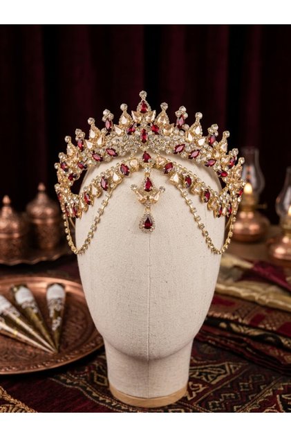 Bordo Taşlı Kına Tacı – Osmanlı Sultan Model Zincirli Bindallı ve Gelin Başı Tacı