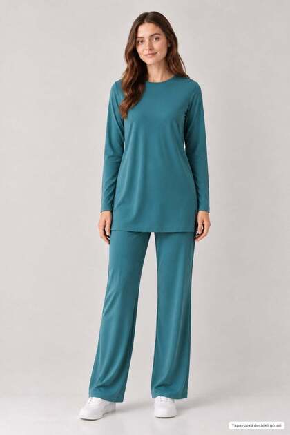 Crew Neck Viscose Tunic and Trousers Set-Petrol Green