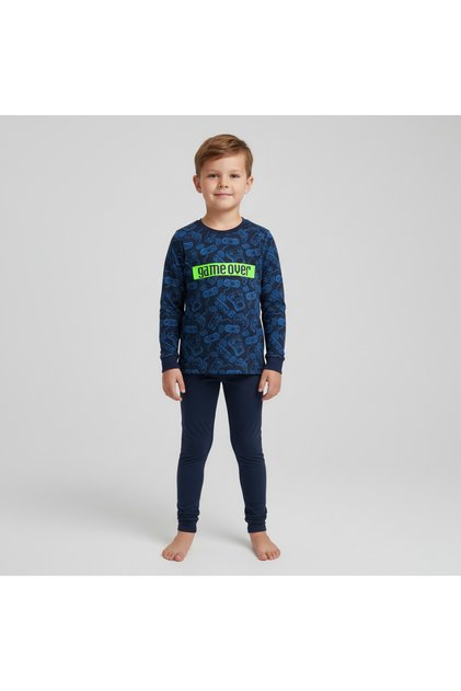 Boy's Cotton Printed Navy Blue Long Sleeve T-Shirt and Navy Blue Underwear 2-Piece Set Cb11