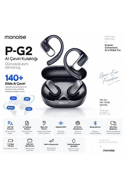 P-G2 AI Çeviri Kulaklığı 140+ Dil Bluetooth 5.4 ENC Open Ear Kablosuz Kulaklık