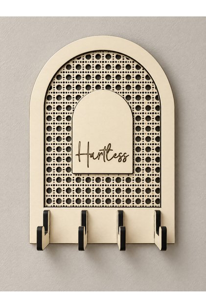 Wicker Patterned Wooden Wall Key Holder - Belt Model with 4 Hangers (18.5X24 cm)