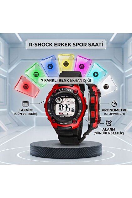 Kırmızı-7 Renk Işıklı Dijital Çocuk Saati - Alarm-Takvim-Kronometre