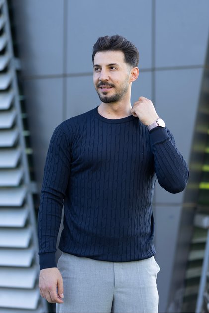 Triko Kazak Fitilli Slim Fit Bisiklet Yaka Likralı Kışlık Sweatshirt