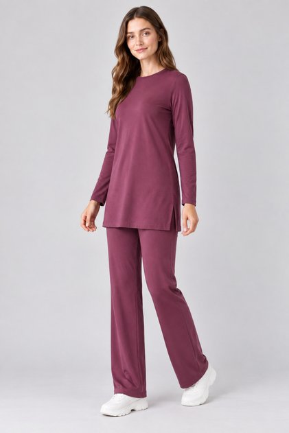 Crew Neck Viscose Tunic and Trousers Set - Plum