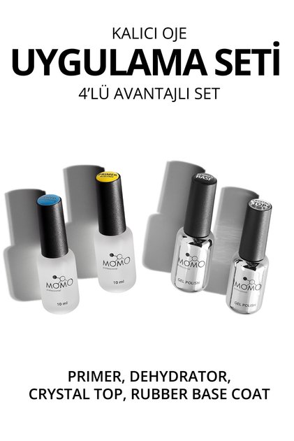 Kalıcı oje ve Protez Tırnak için 4’lü set Dehydrator 10 ml, Primer 10 ml, Rubber Base Coat 9 ml, Crystal Top Coat 9 ml