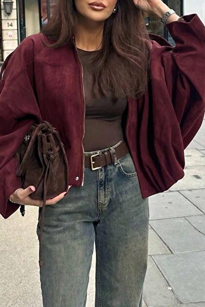 Γυναικείο μπουφάν ZR Model Oversize Premium Anthracite Claret Red Suede