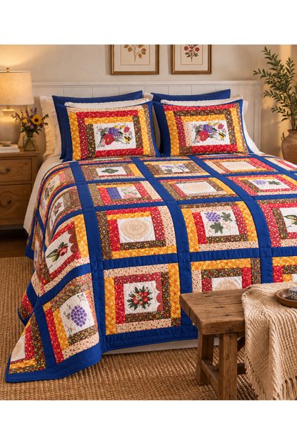 Dantel ve Kanaviçe Aplikeli Patchwork Kuzu Yünü Dolgulu Çift Kişilik Yatak Örtüsü Seti