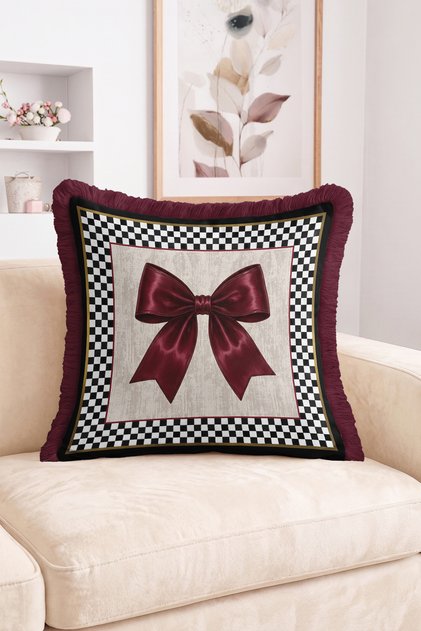 Burgundy Ribbon and Black-White Checkered Patterned Fringed-Tasseled Throw Pillow Cover