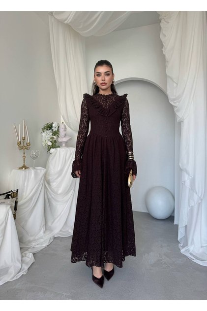 Kadın Uzun Elbise Dantel Kumaş Dik Yaka Uzun Kollu Volan Detaylı Belden Büzgülü Romantik Elbise-01047