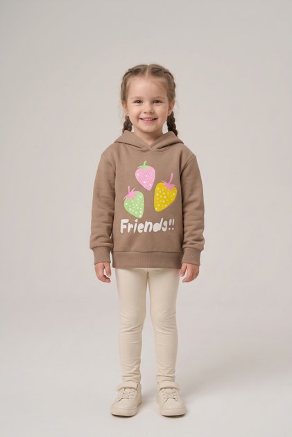 Kız Çocuk Sweatshirt Çilek Baskılı 3 iplik Polarlı Şardonlu %100 Pamuk
